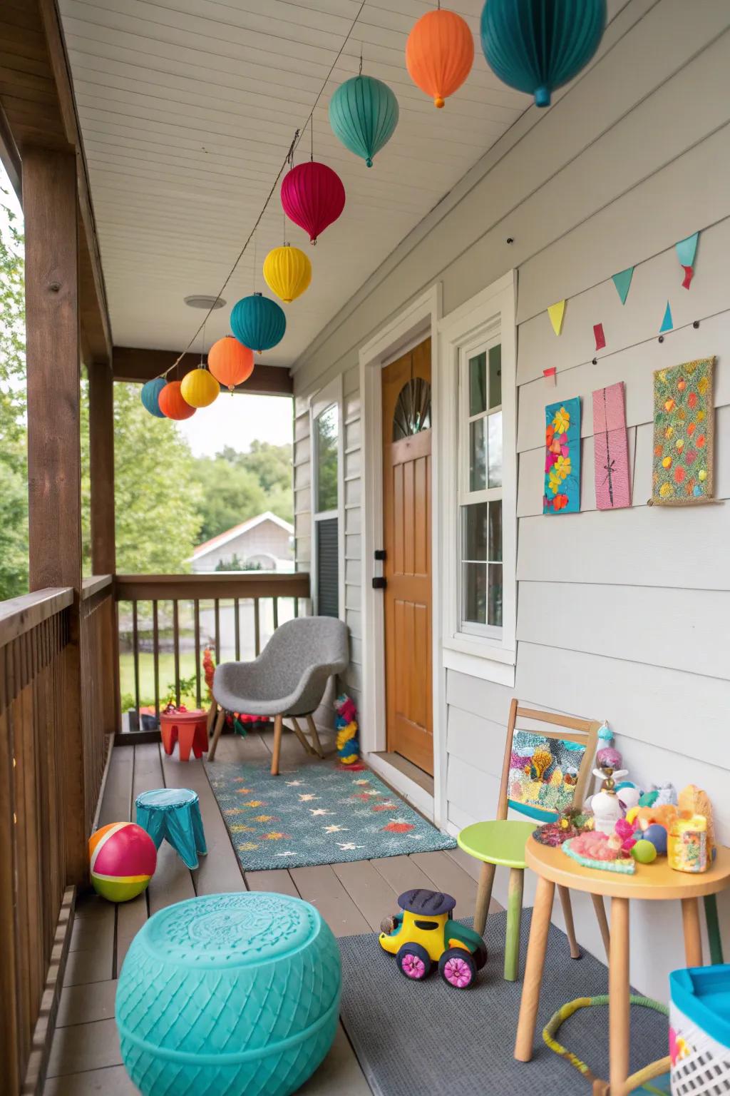 A playful kids' corner makes the porch family-friendly.