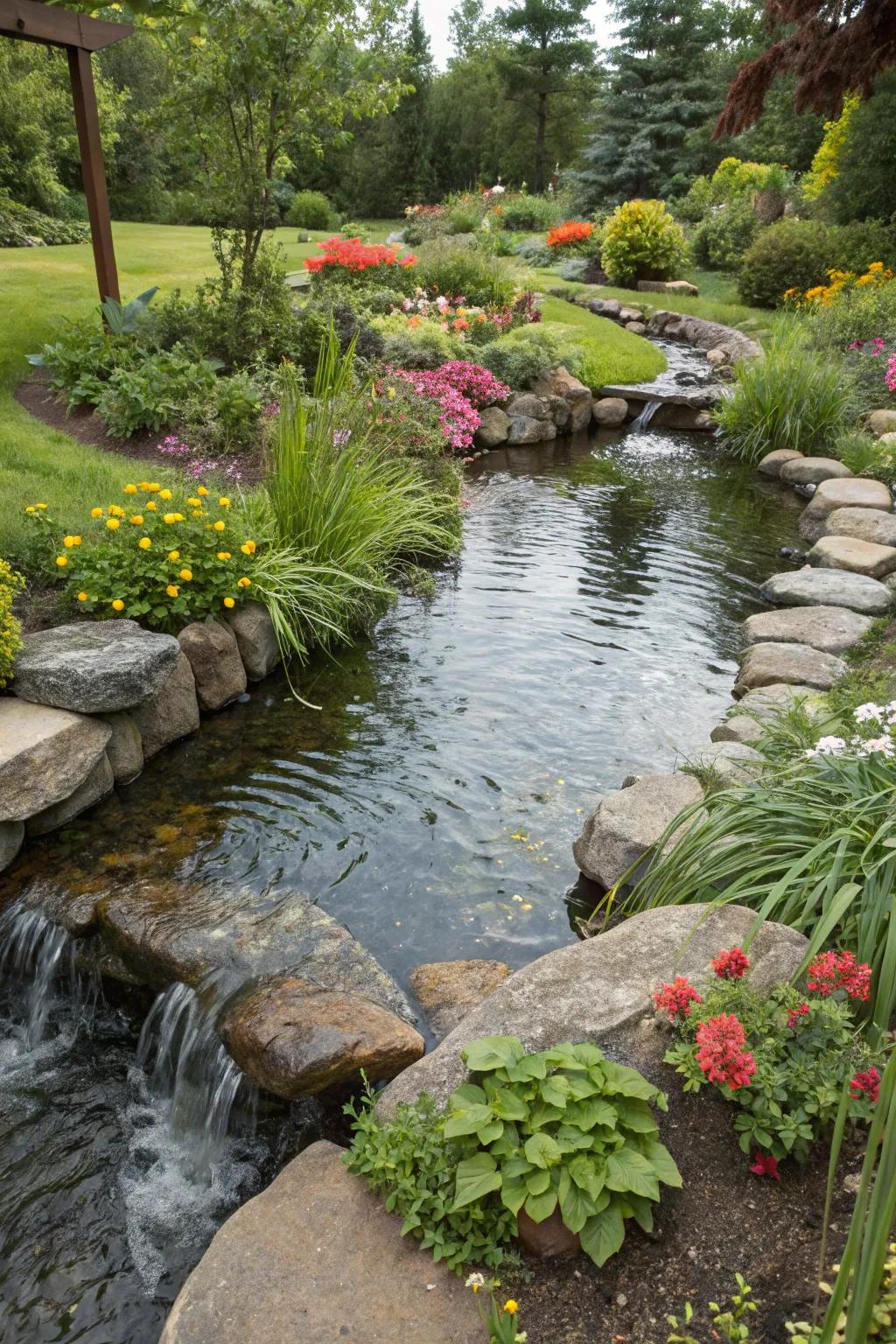 A faux river leading to a preformed pond, adding flow and charm.