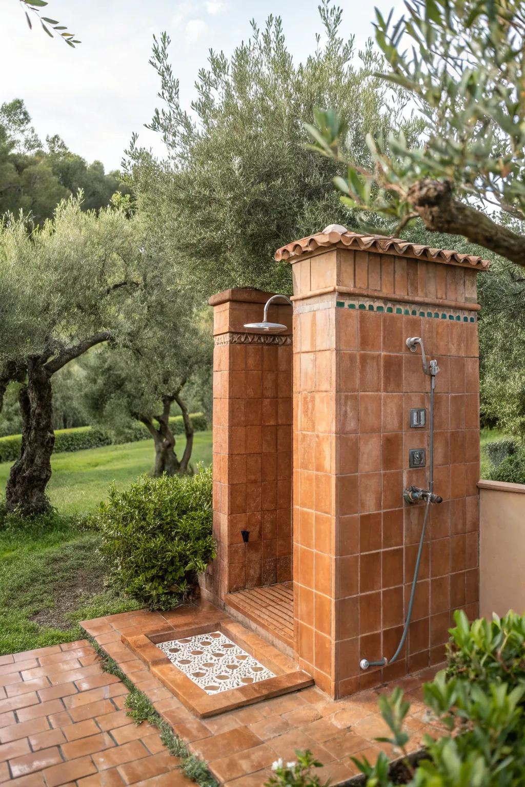 Mediterranean escape with terracotta and olive trees for a coastal shower feel.