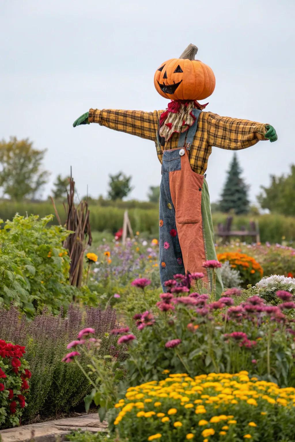 A playful pumpkin scarecrow adding character and charm to the garden.