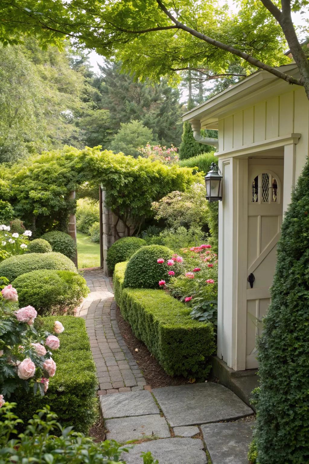 A tranquil raised ranch entrance with a hidden garden nook.