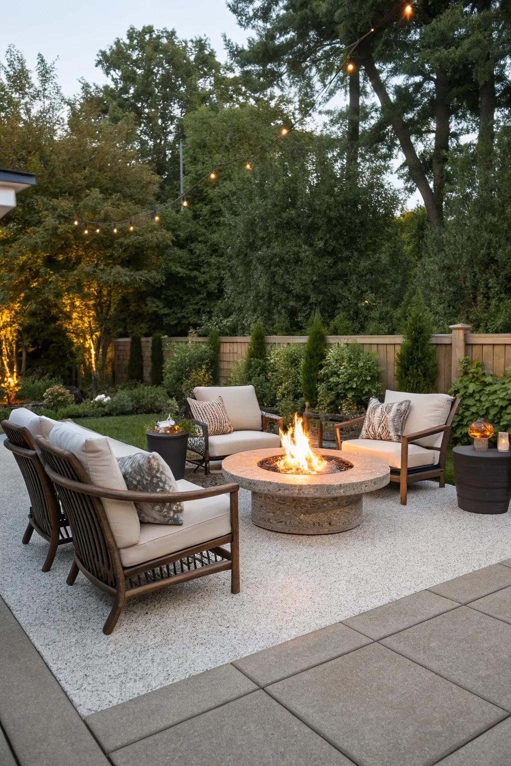 A welcoming resin patio featuring a central fire pit for cozy evenings.