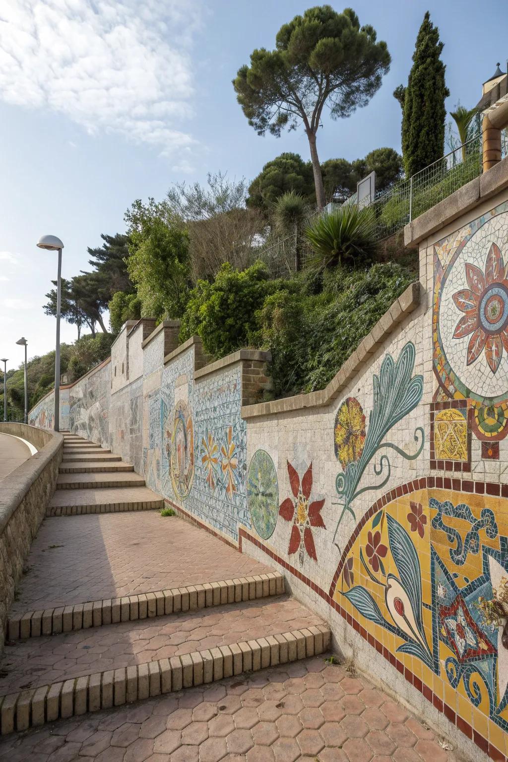 A retaining wall used as a canvas for artistic mosaics, adding personal flair.