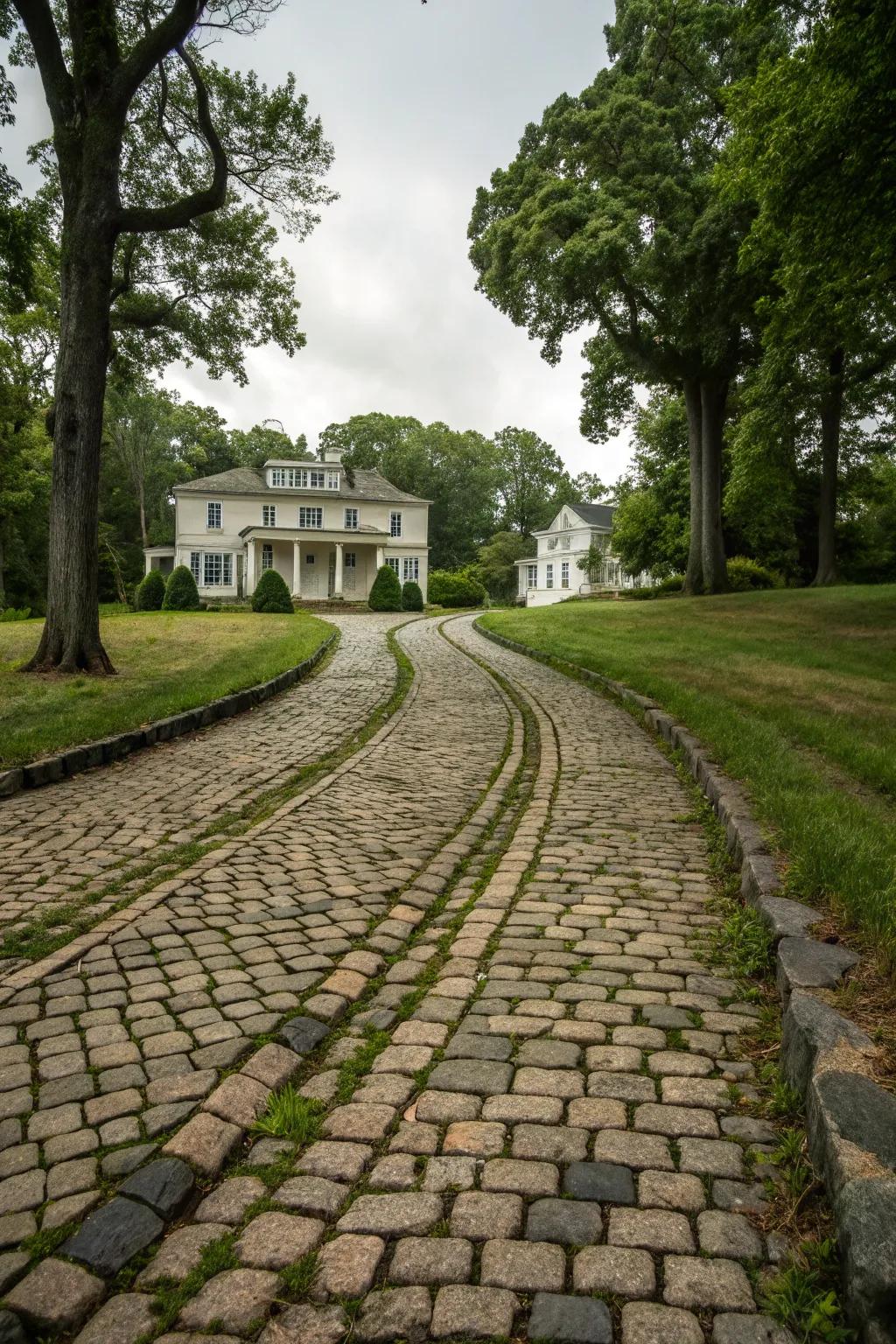 A timeless vintage ribbon driveway with cobblestone strips and a clover center.
