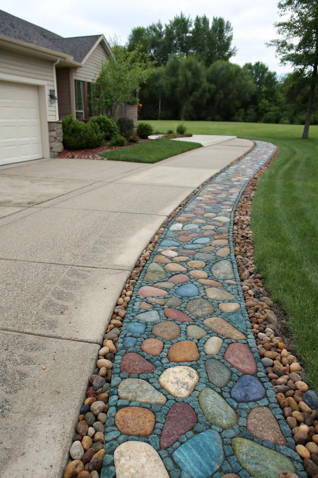 Artistic mosaic pathway crafted from river rocks for a unique driveway.
