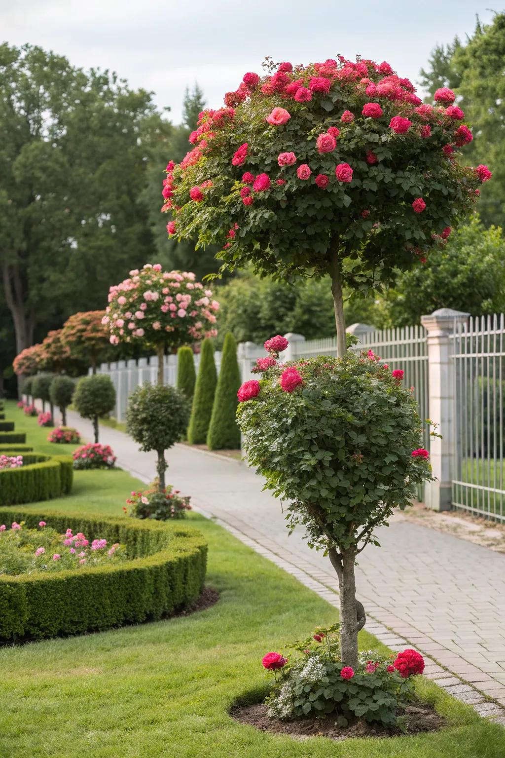 Artistic flair with topiary-shaped rose bushes.
