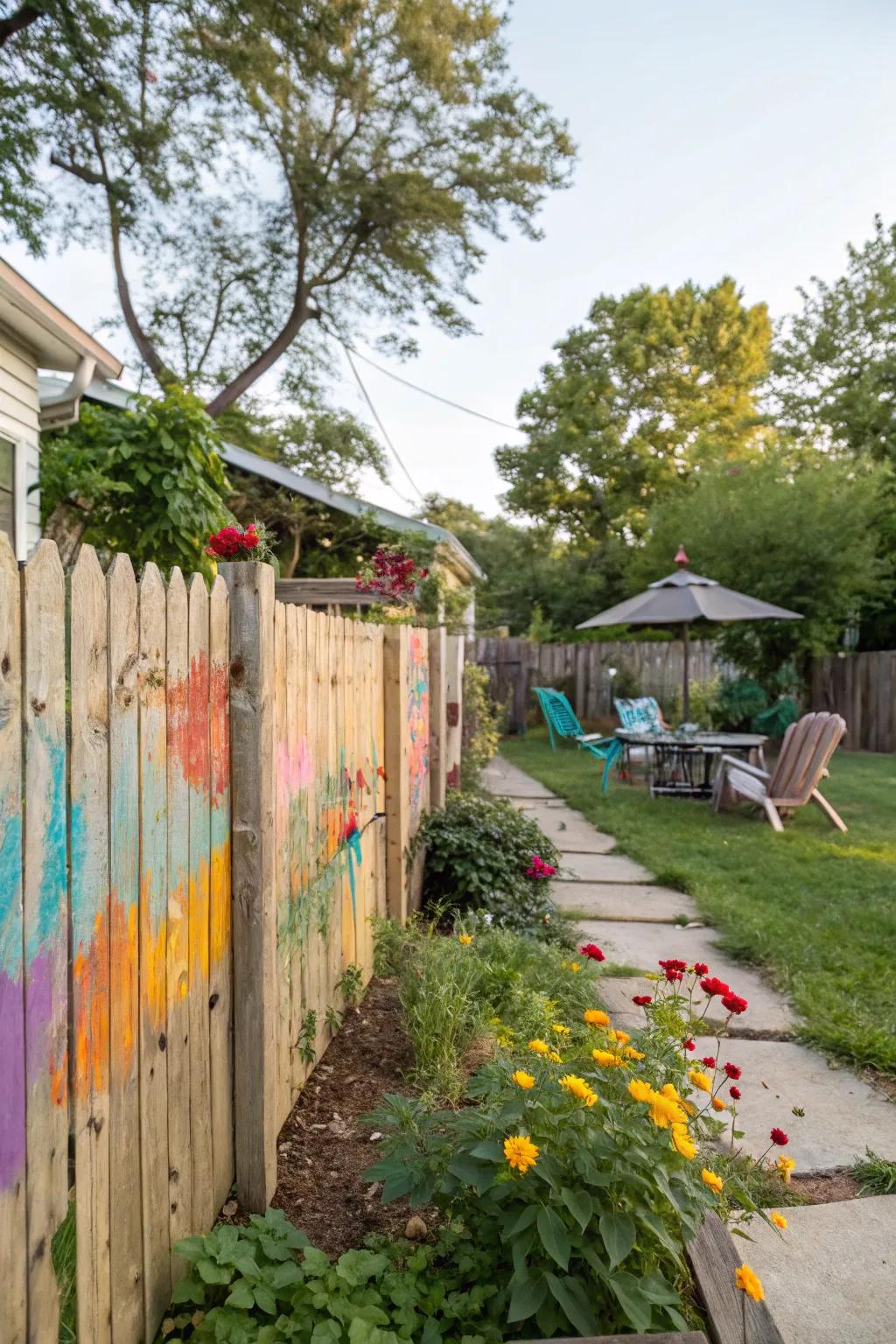 A cedar fence with colorful accents adding vibrancy.