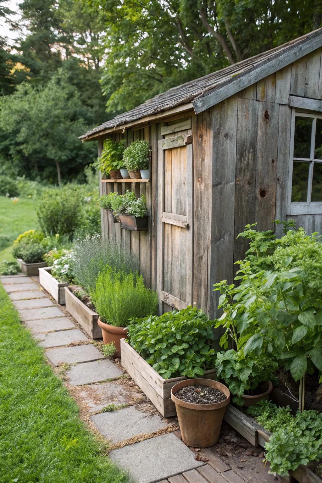 A blended herb garden adds flavor and fragrance to this rustic shed.