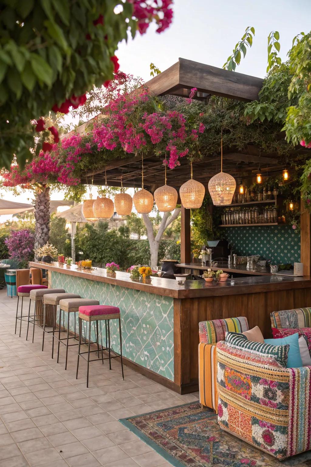 Eclectic decor adds vibrant personality to this rustic outdoor bar.