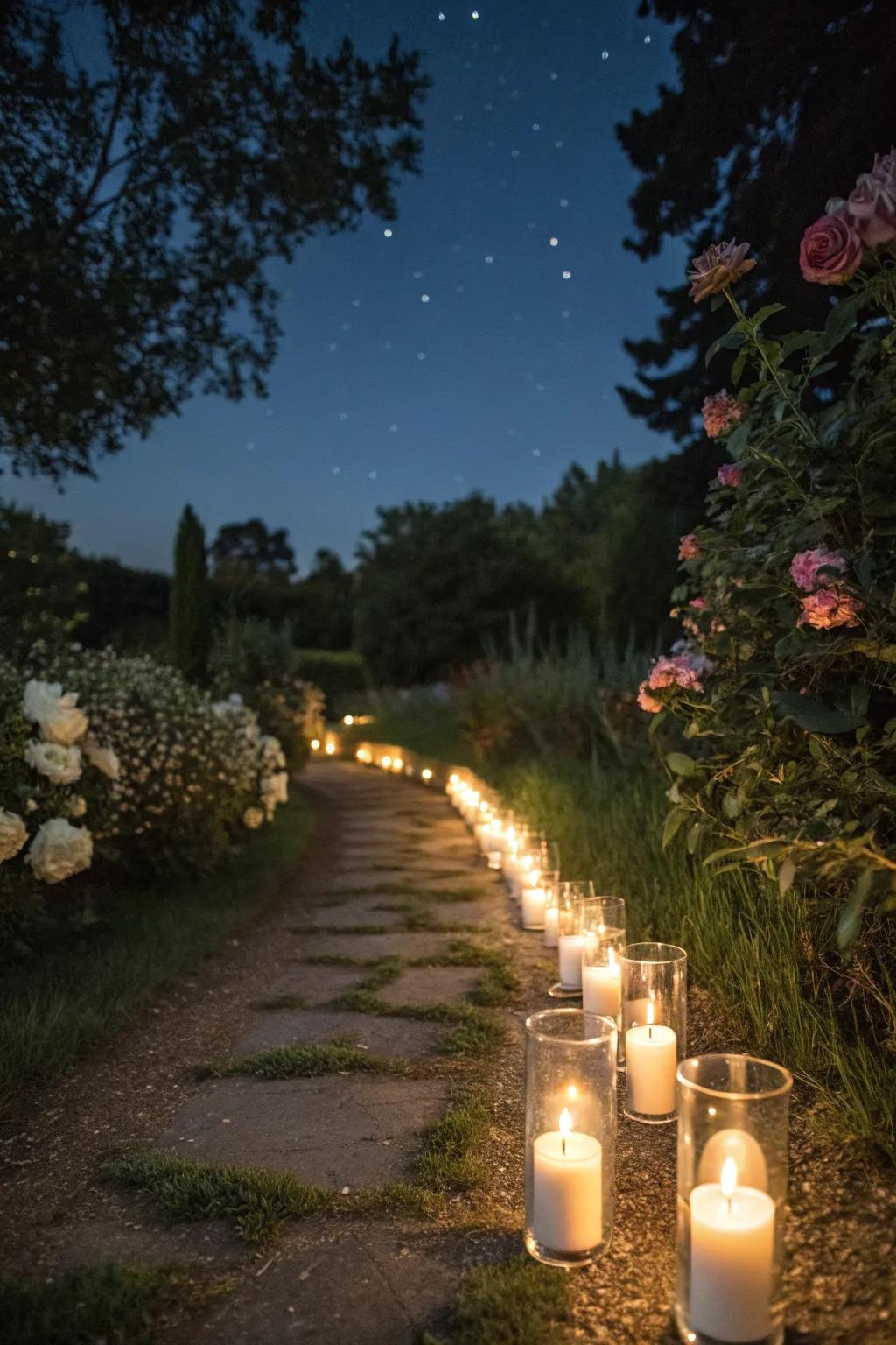 Candlelit pathways adding romance to evening gatherings.