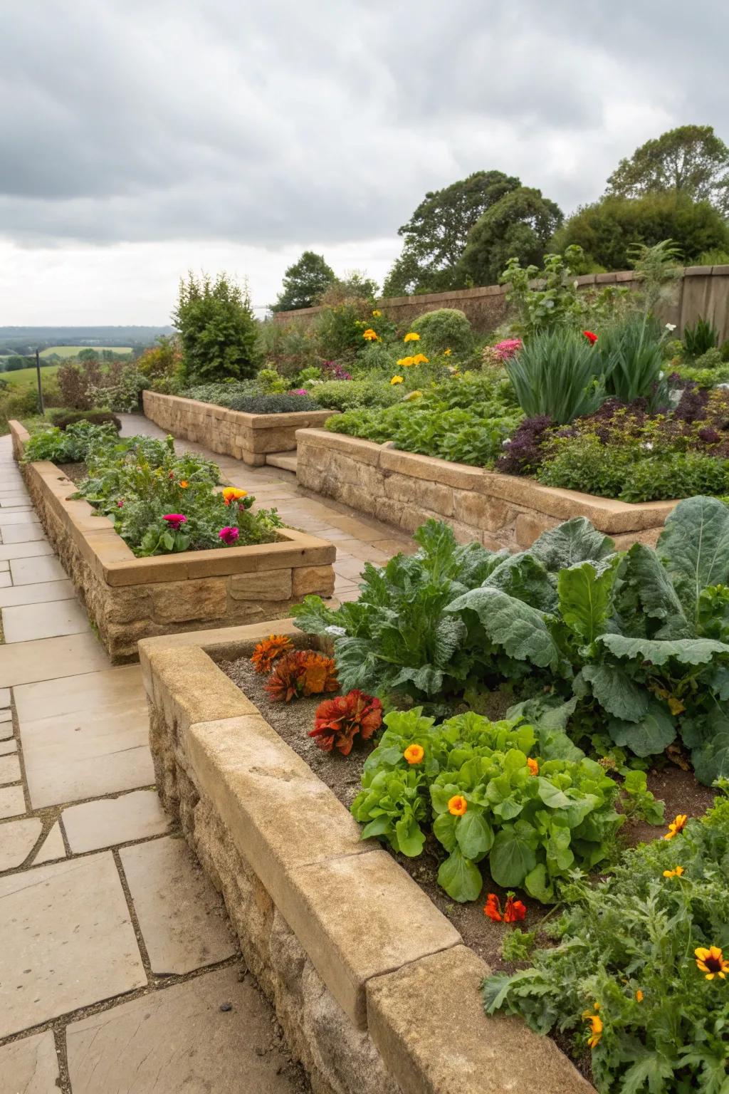 Organized sandstone raised beds in a garden setting.
