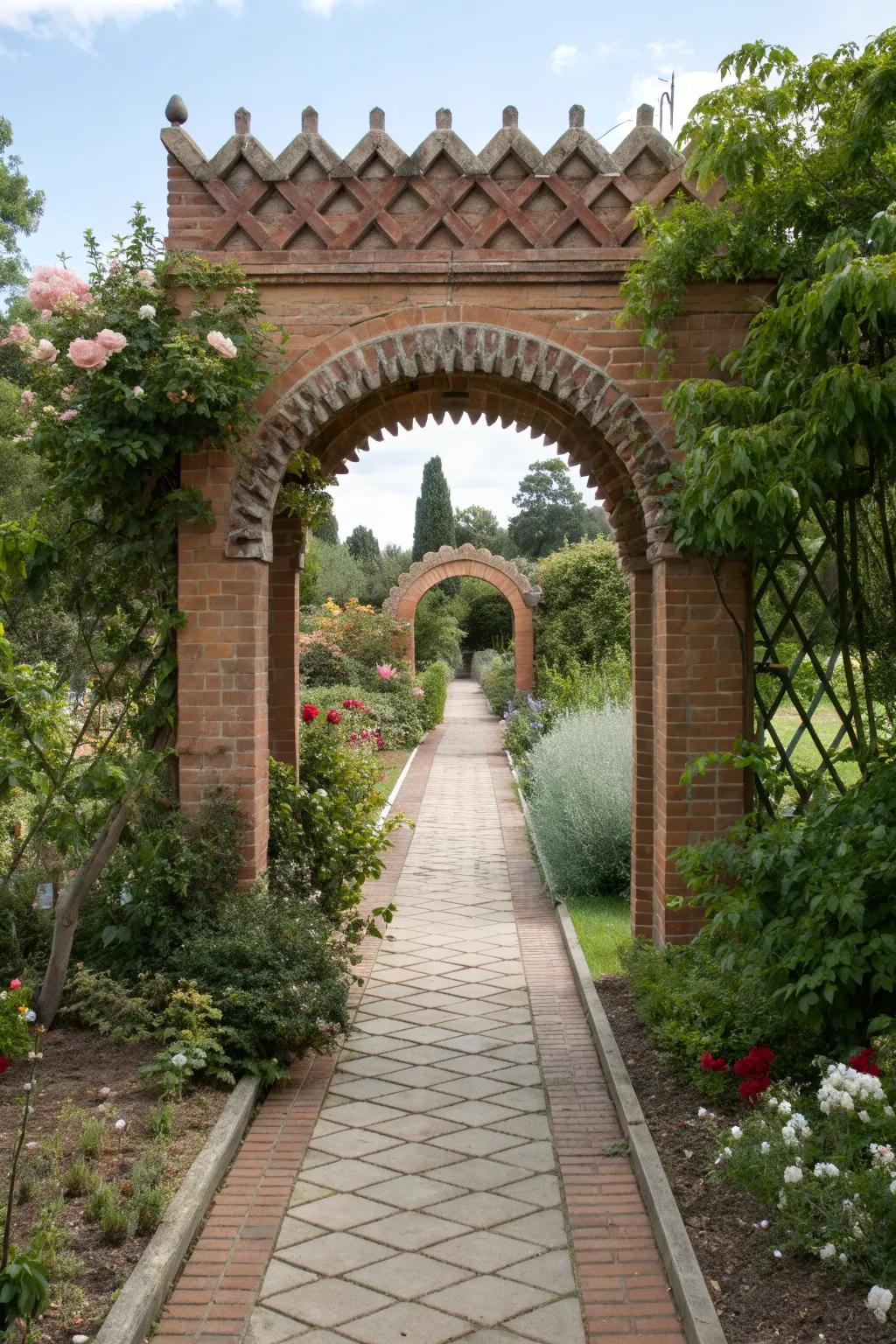 Grand entrance defined by scalloped brick edging.