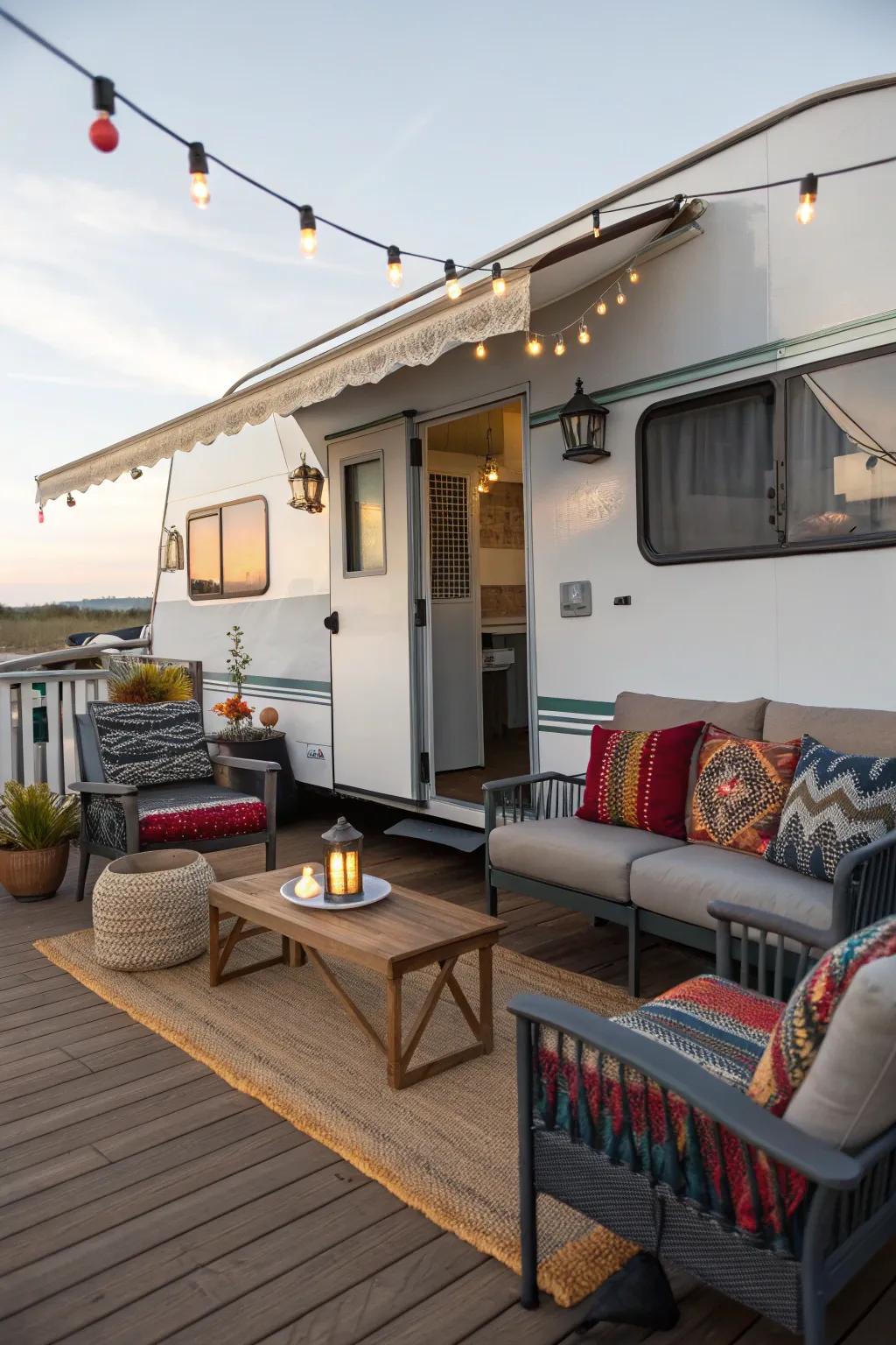 A camper deck showcasing durable and stylish weatherproof decor.