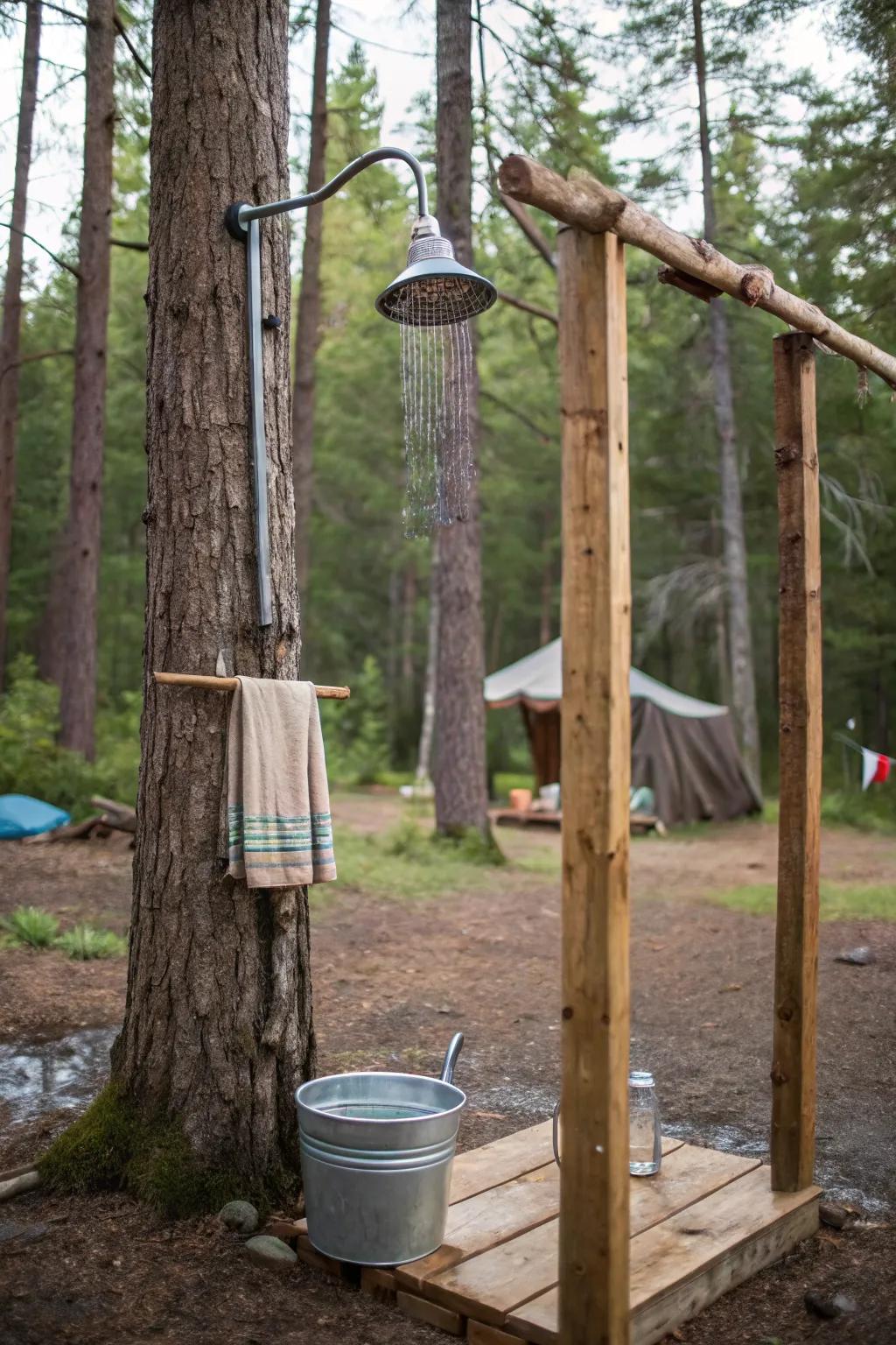 A rustic and refreshing outdoor shower at the campsite.