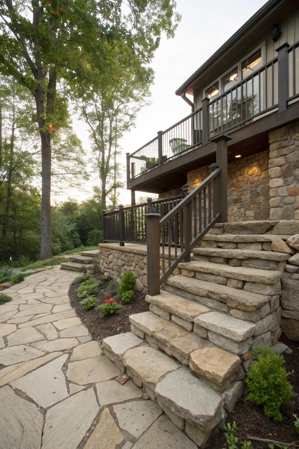 A second-story deck with stairs beautifully integrating natural stones.