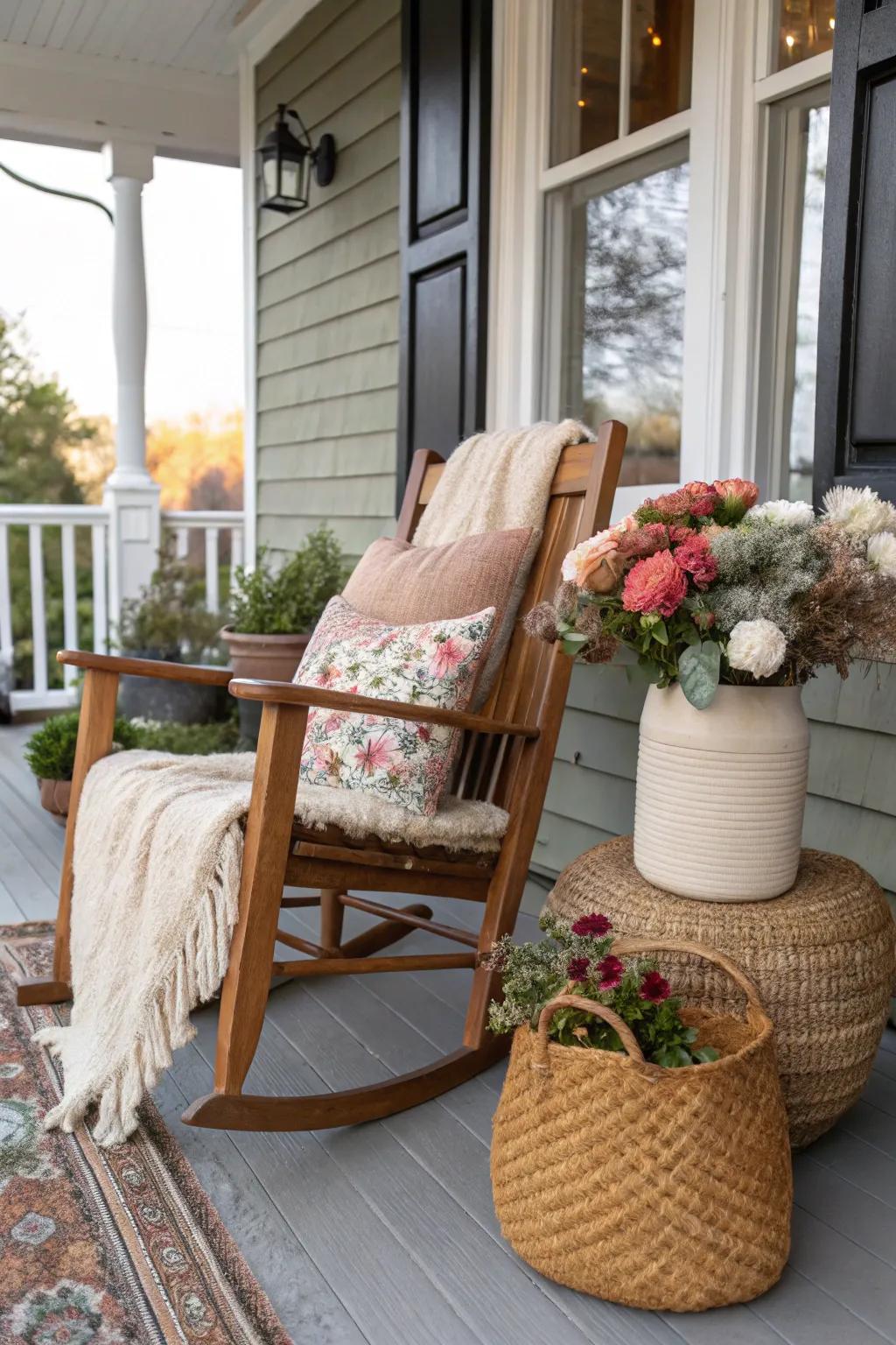 Mixing textures creates an eclectic and inviting shabby chic porch.