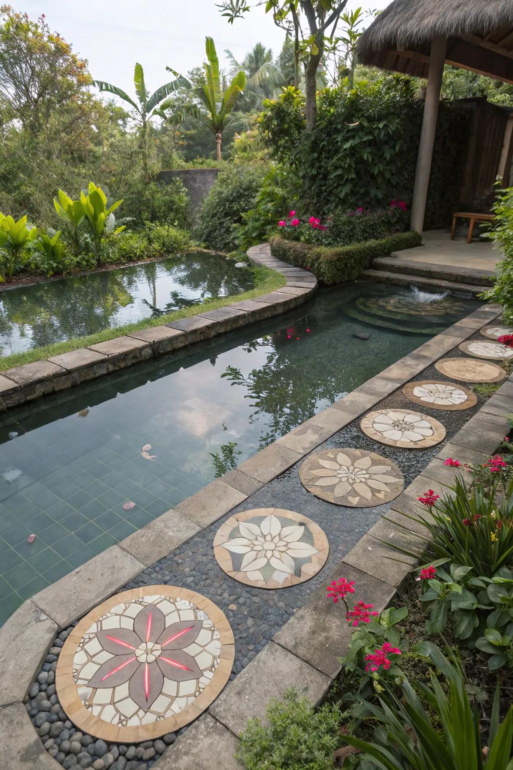 A shallow pool with artistic stepping stones for visual interest.