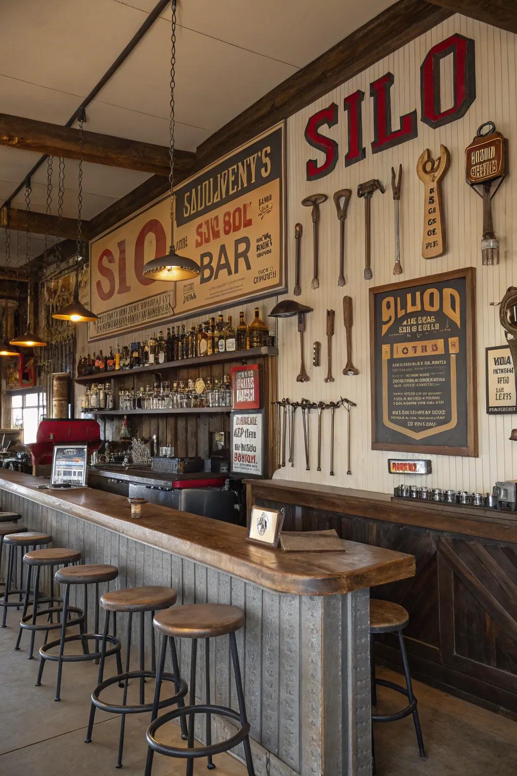 Vintage finds like signs and tools adding history to a silo bar.