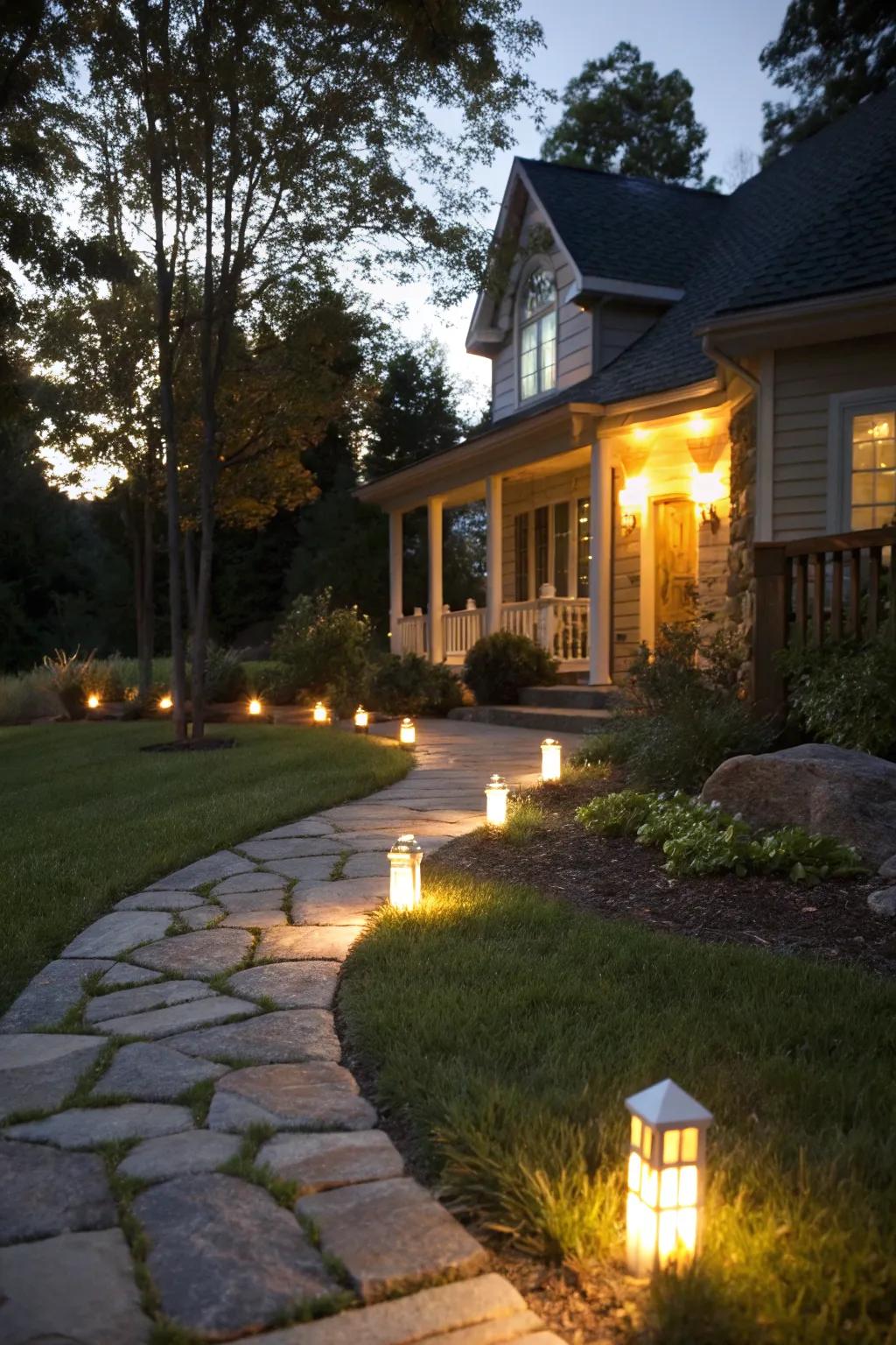 Illuminated pathway lights creating ambiance