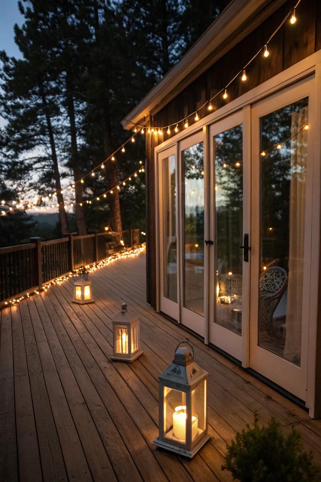 String lights and lanterns transform a deck into a magical evening retreat.