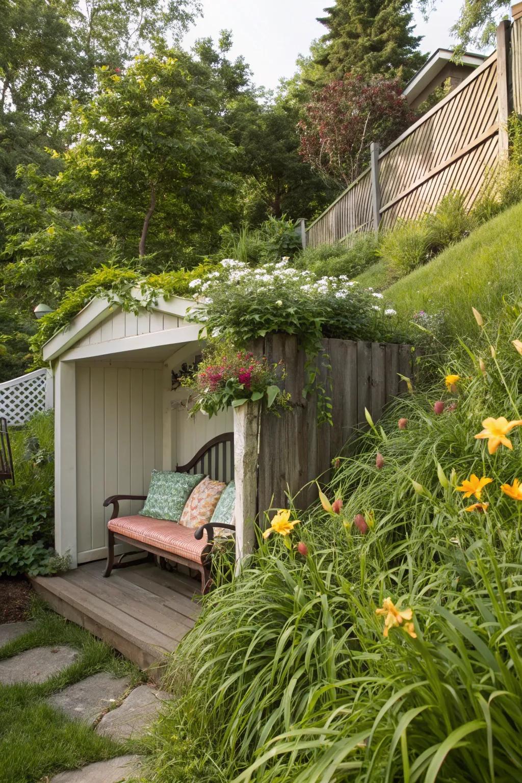 A hidden nook offers a secret retreat in a sloped backyard.