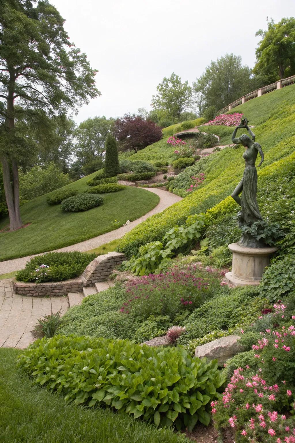 Art installations bring personality to sloped gardens.