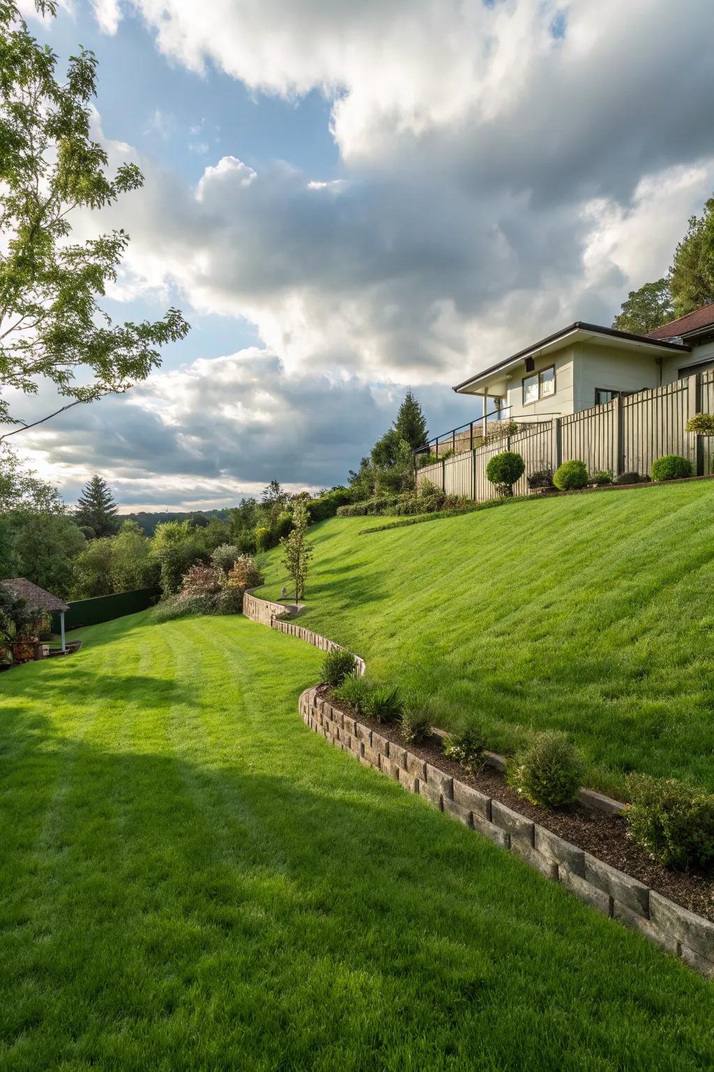 Sloped lawns offer a simple yet inviting area for relaxation and enjoyment.