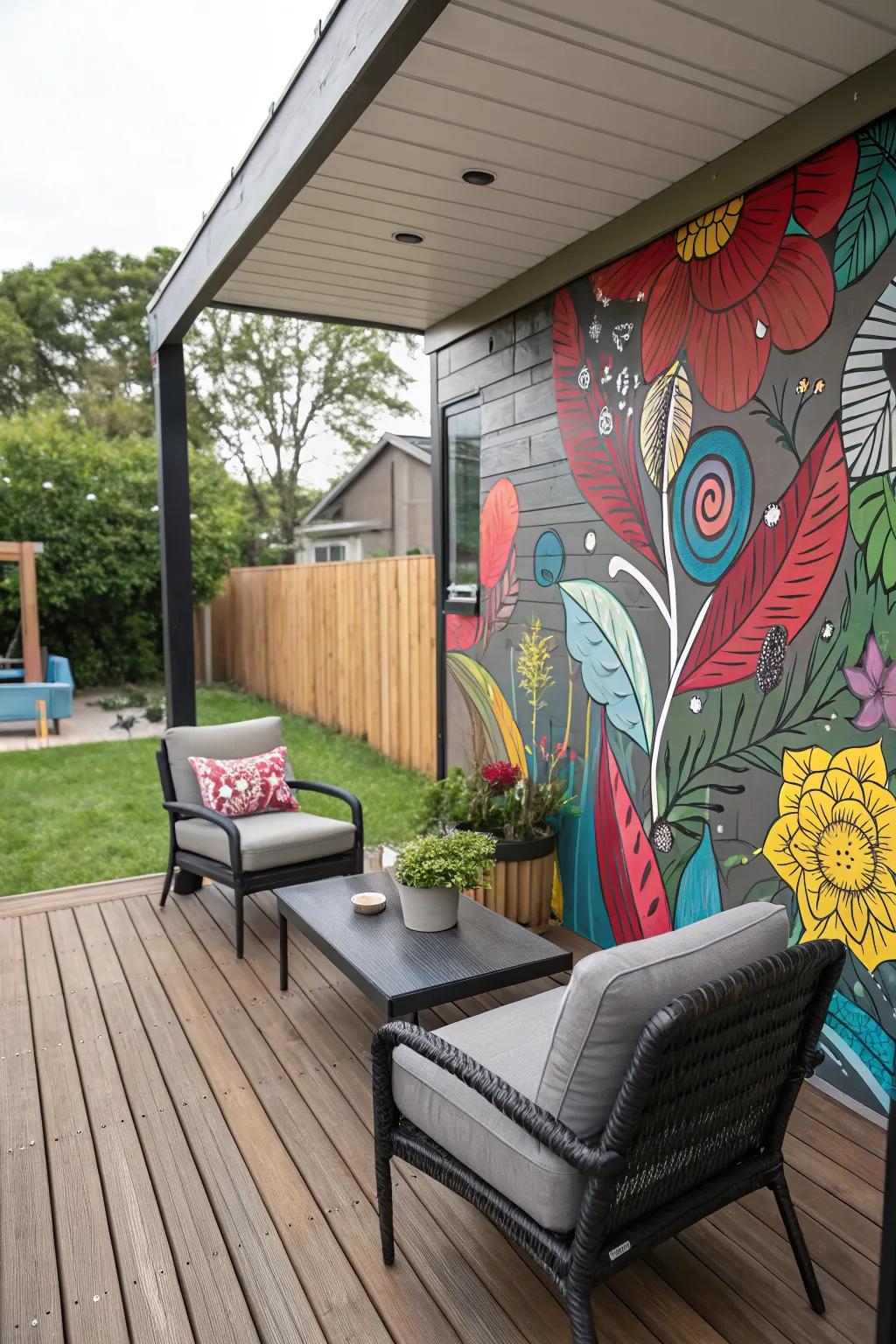 A wall mural adds an artistic touch to your outdoor space.