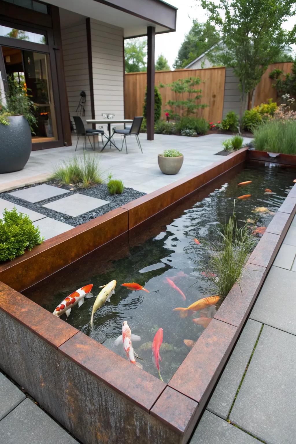 Corten steel edges provide a modern industrial feel to the pond.