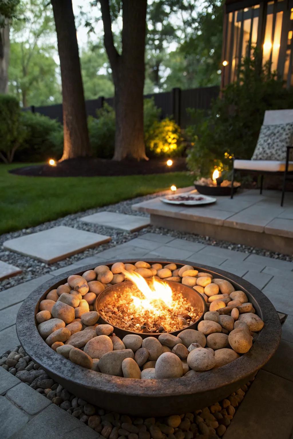 Artistic flair with decorative stones around the fire pit.
