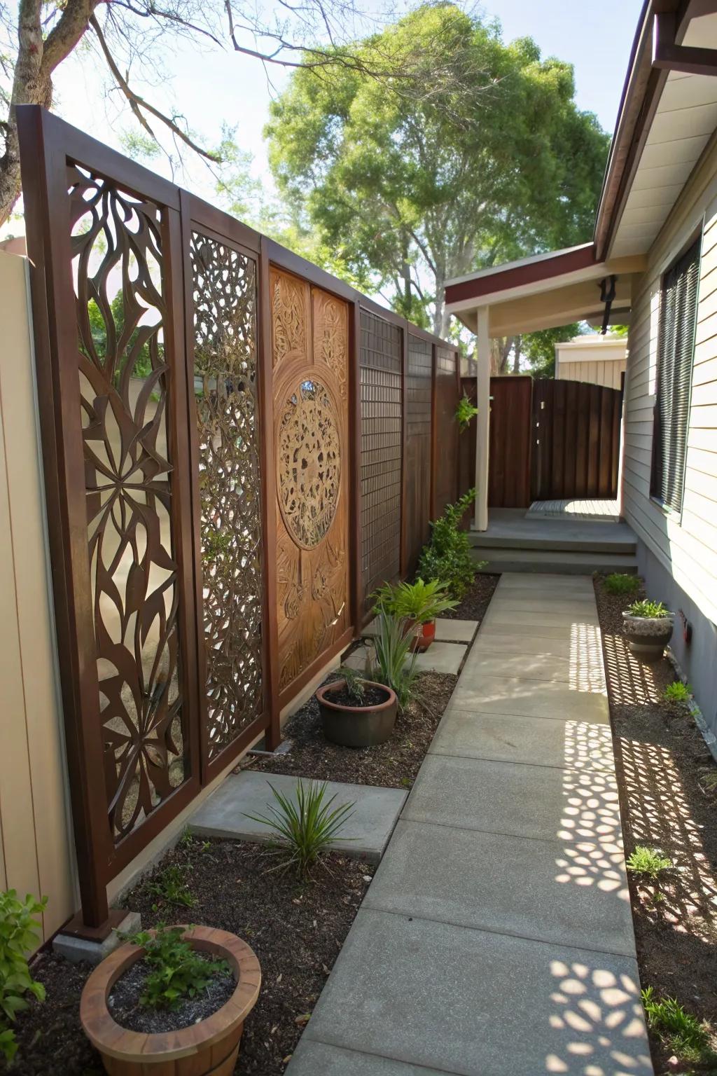 Artistic metal panels provide a modern and stylish privacy solution.