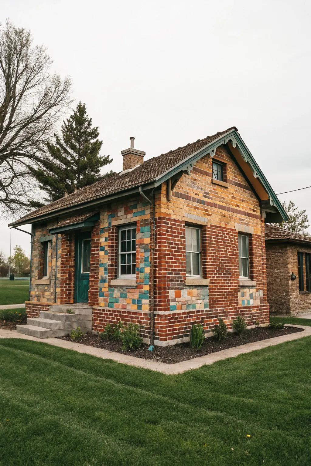 A small brick house showcasing a creative mix of brick colors.
