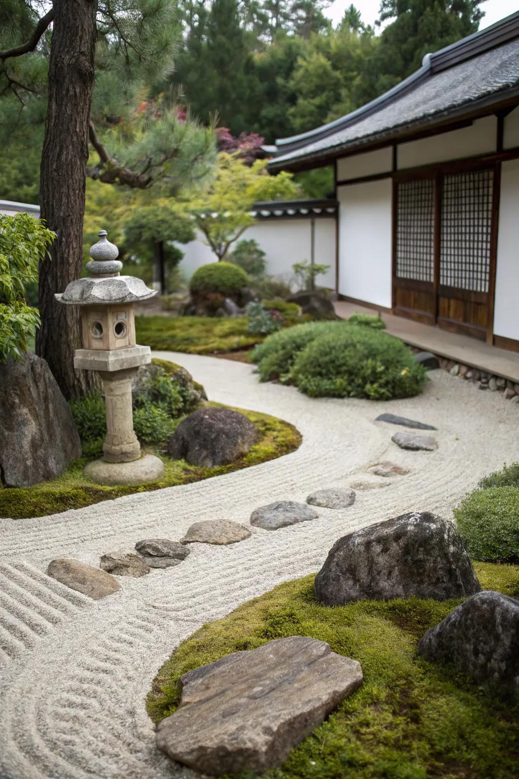 A Japanese Zen garden corner offers a peaceful and serene escape.