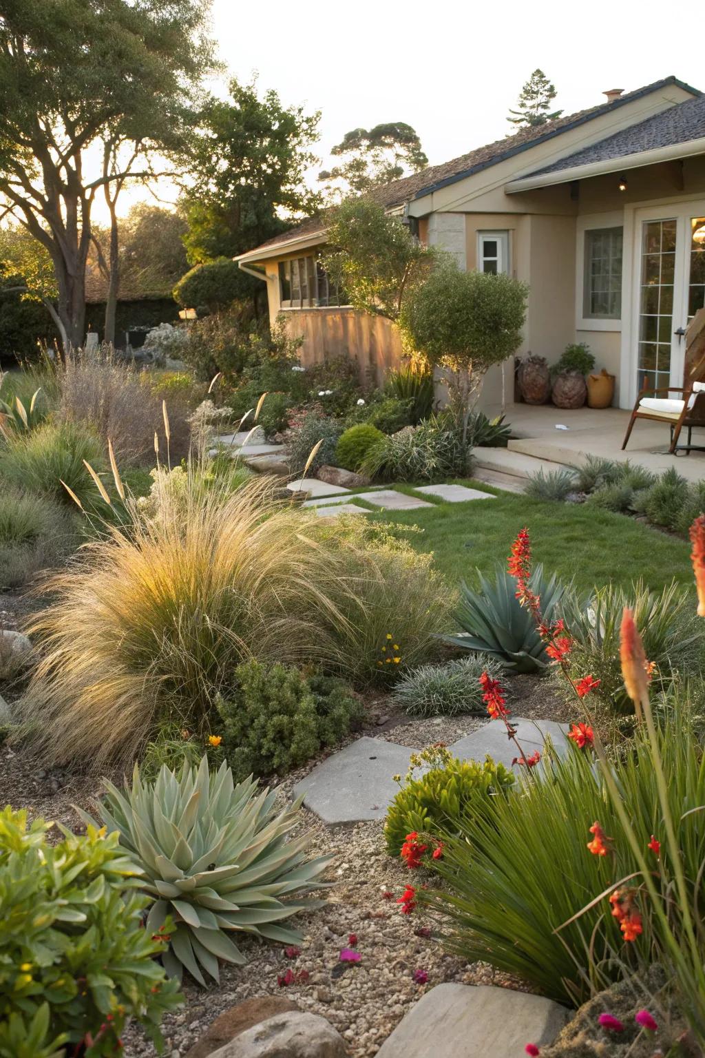 A garden rich in texture with a mix of grasses, succulents, and blooms.