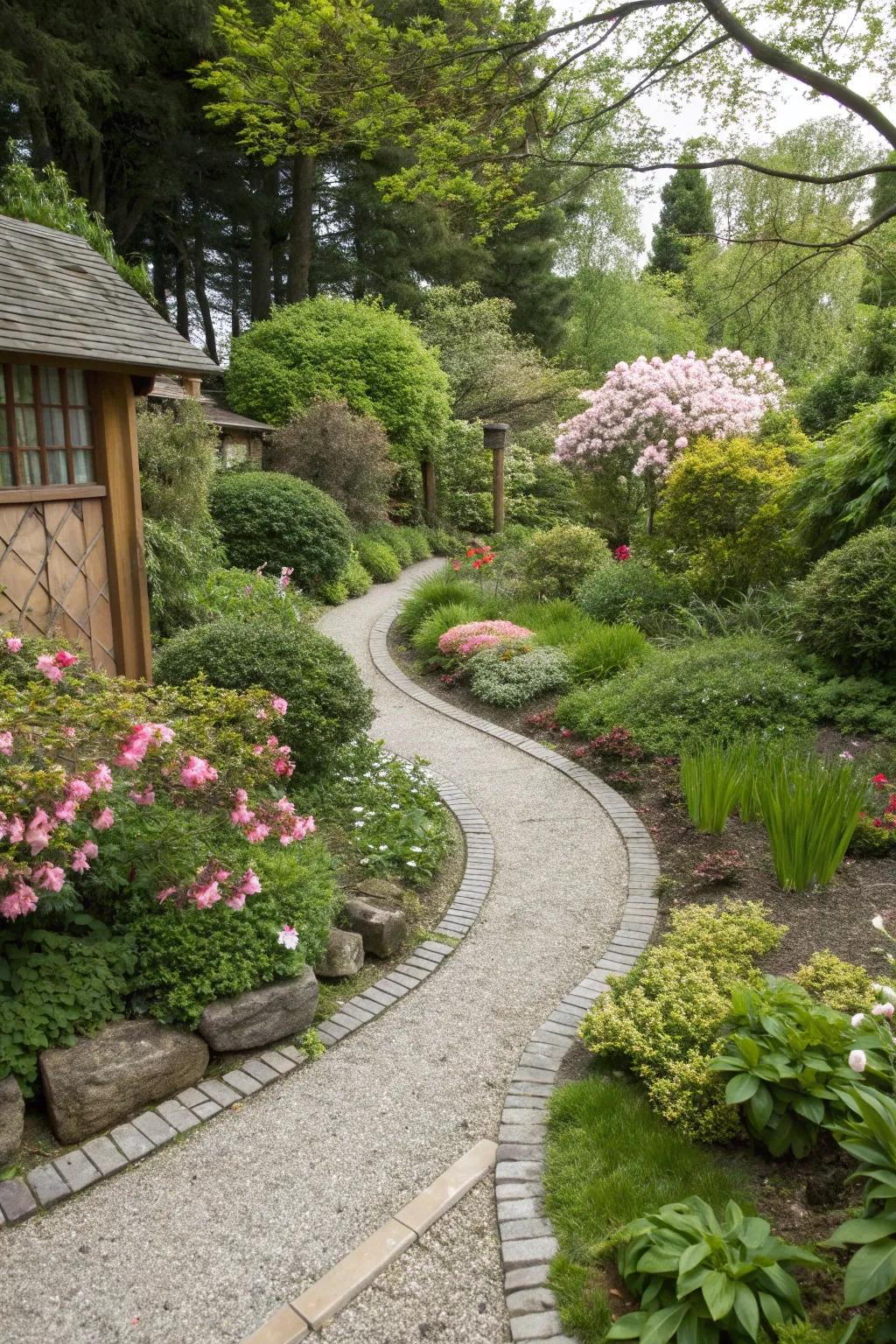 A curved pebble path adds an organic flow to garden spaces.