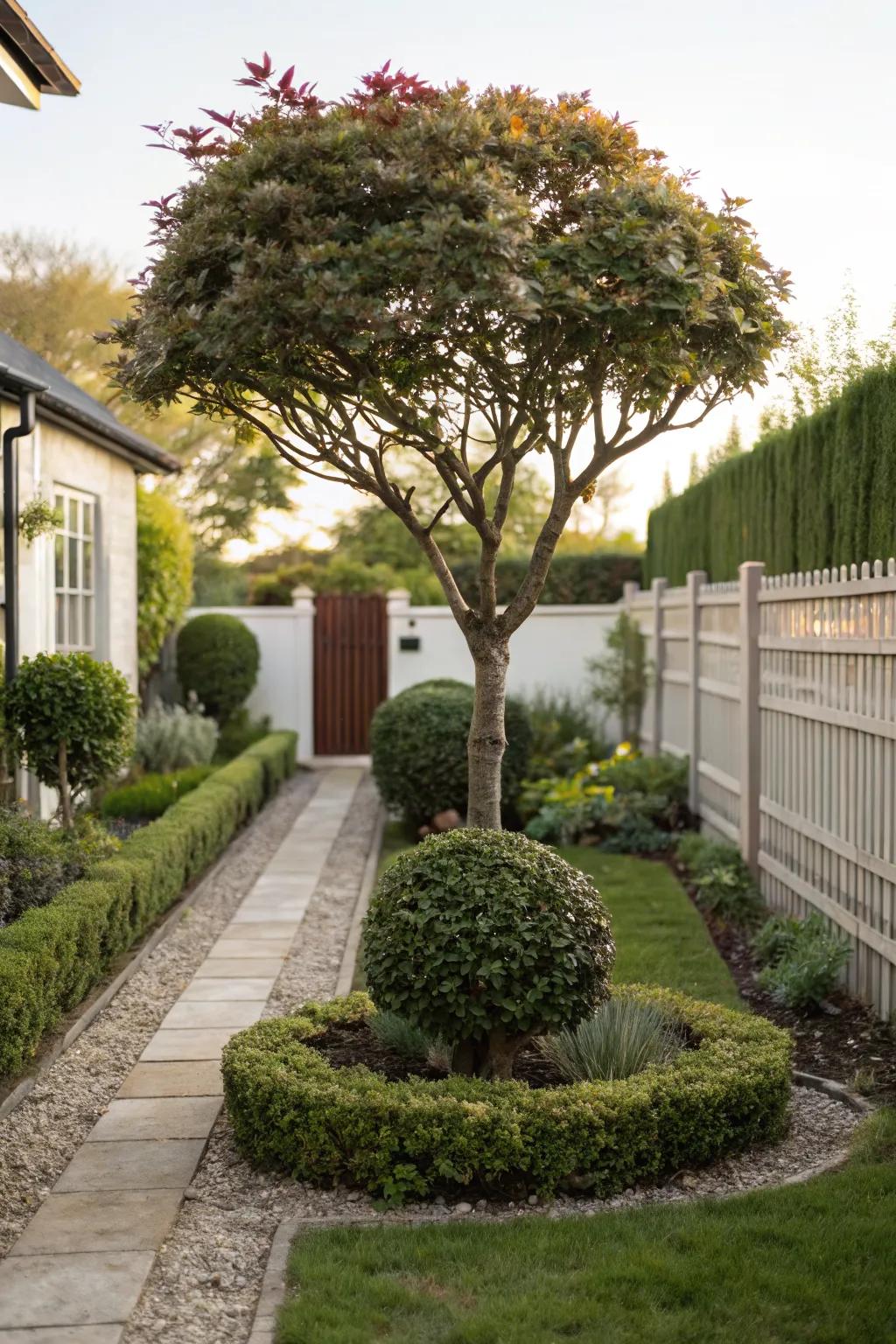 An ornamental tree creates a captivating garden focal point.