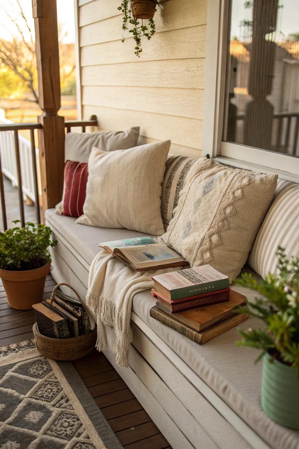 Reading nooks offer a cozy escape on your porch.