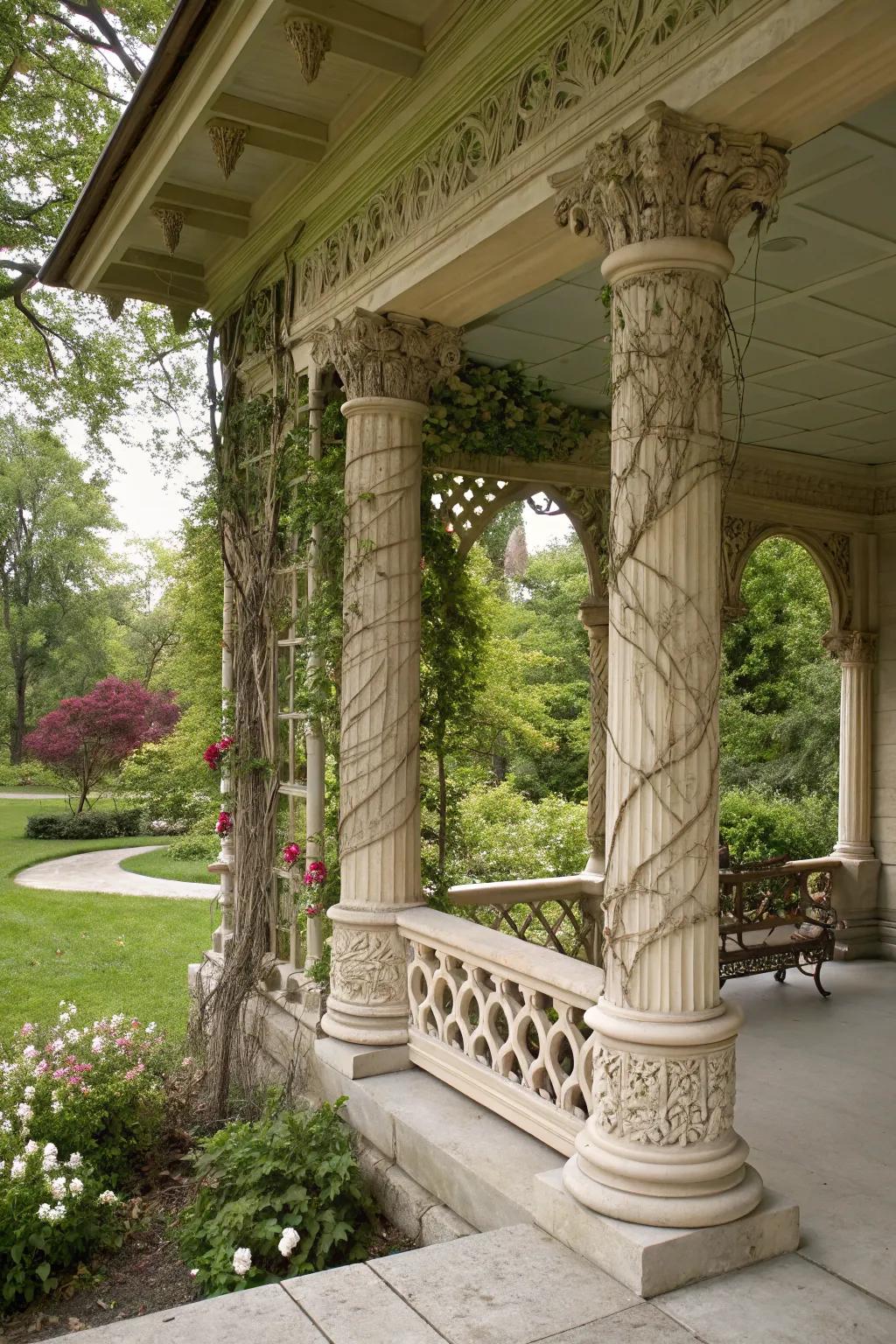 Custom carvings on columns add character and a personalized touch to this unique porch.