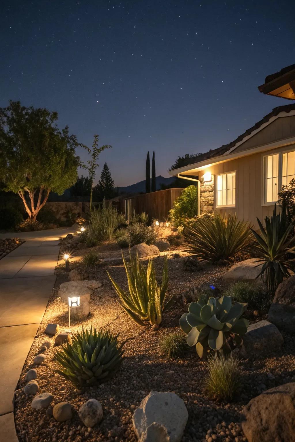 Solar lights add nighttime charm to a xeriscape.