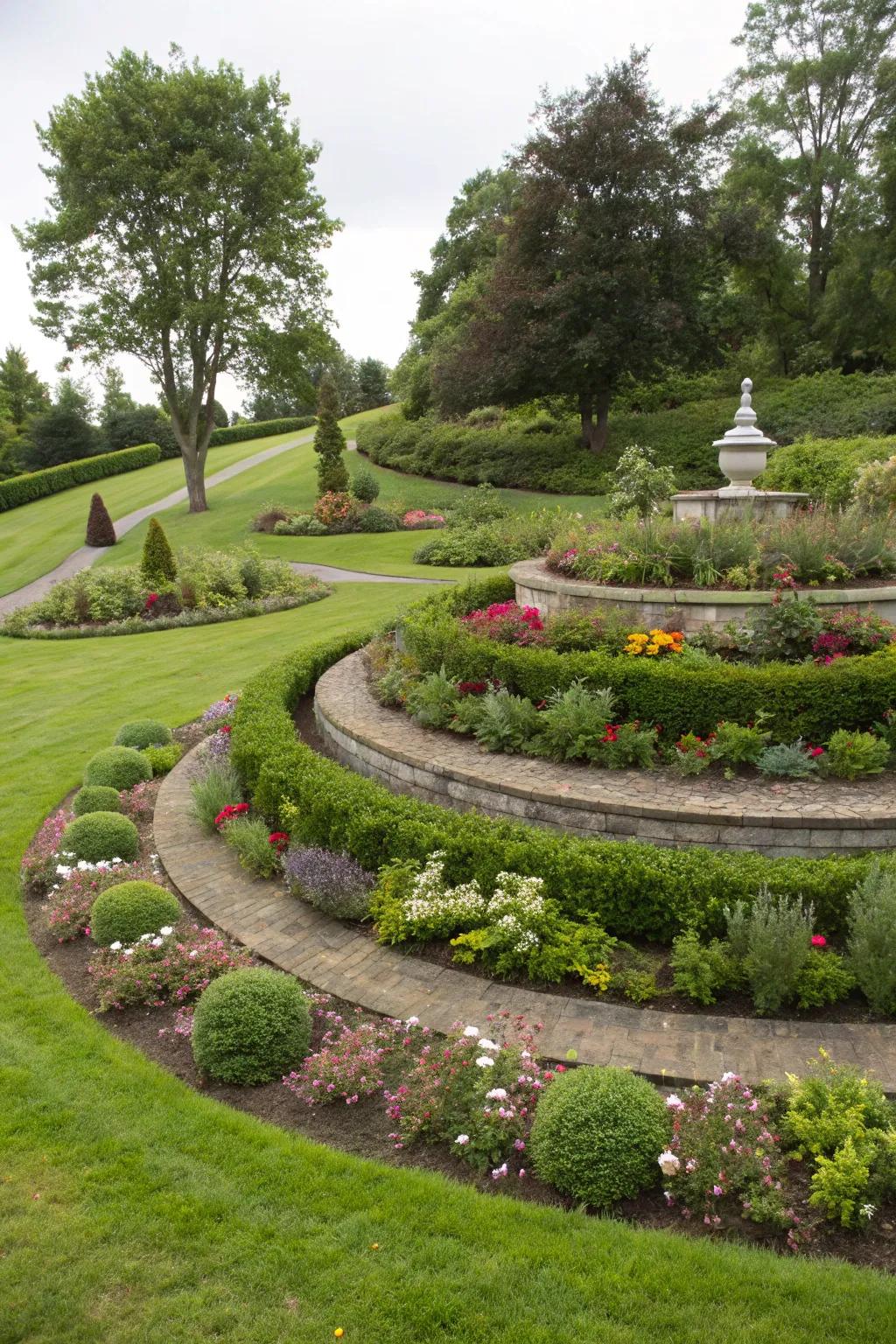 Multi-level planting adds depth and lushness around the circular lawn.