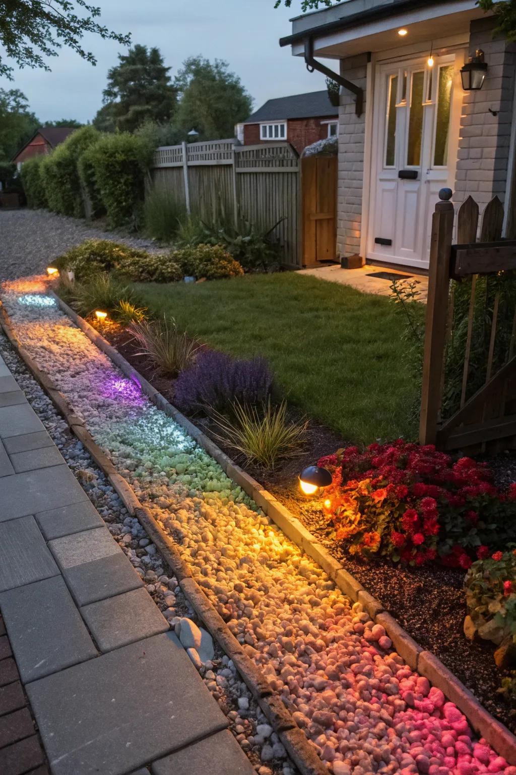 Colorful gravel borders make a bold statement in small gardens.