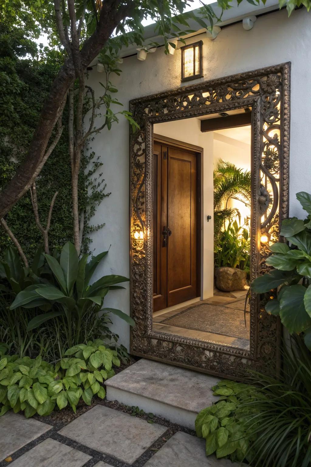An outdoor mirror adds space-enhancing reflections.