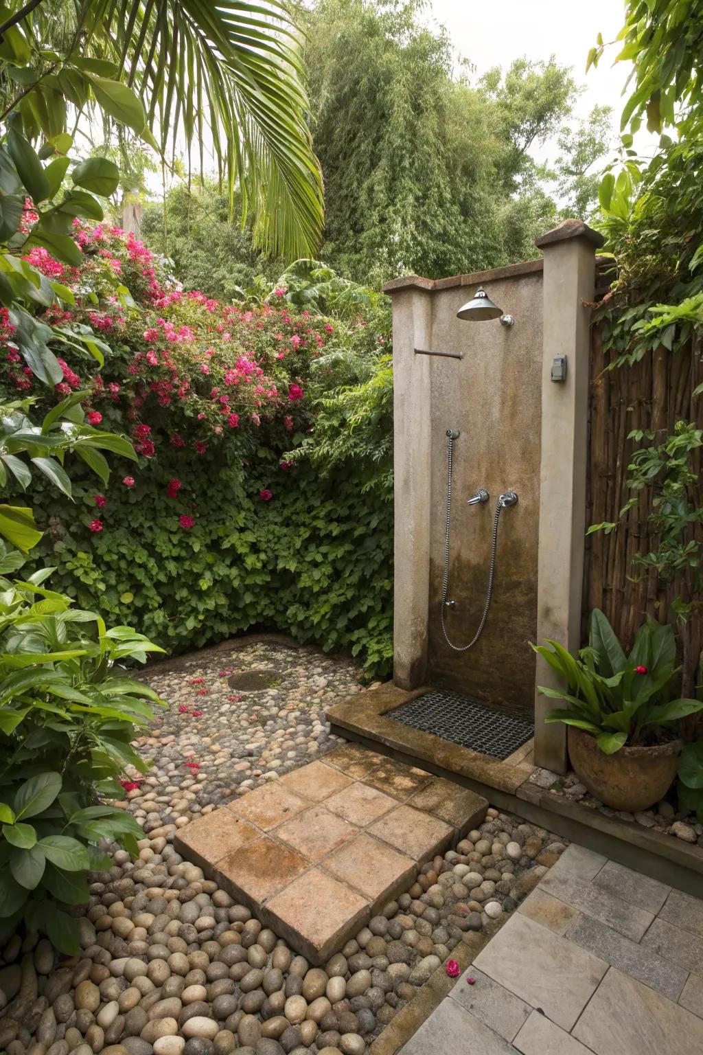 A pebble-floored outdoor shower brings luxury to your garden.