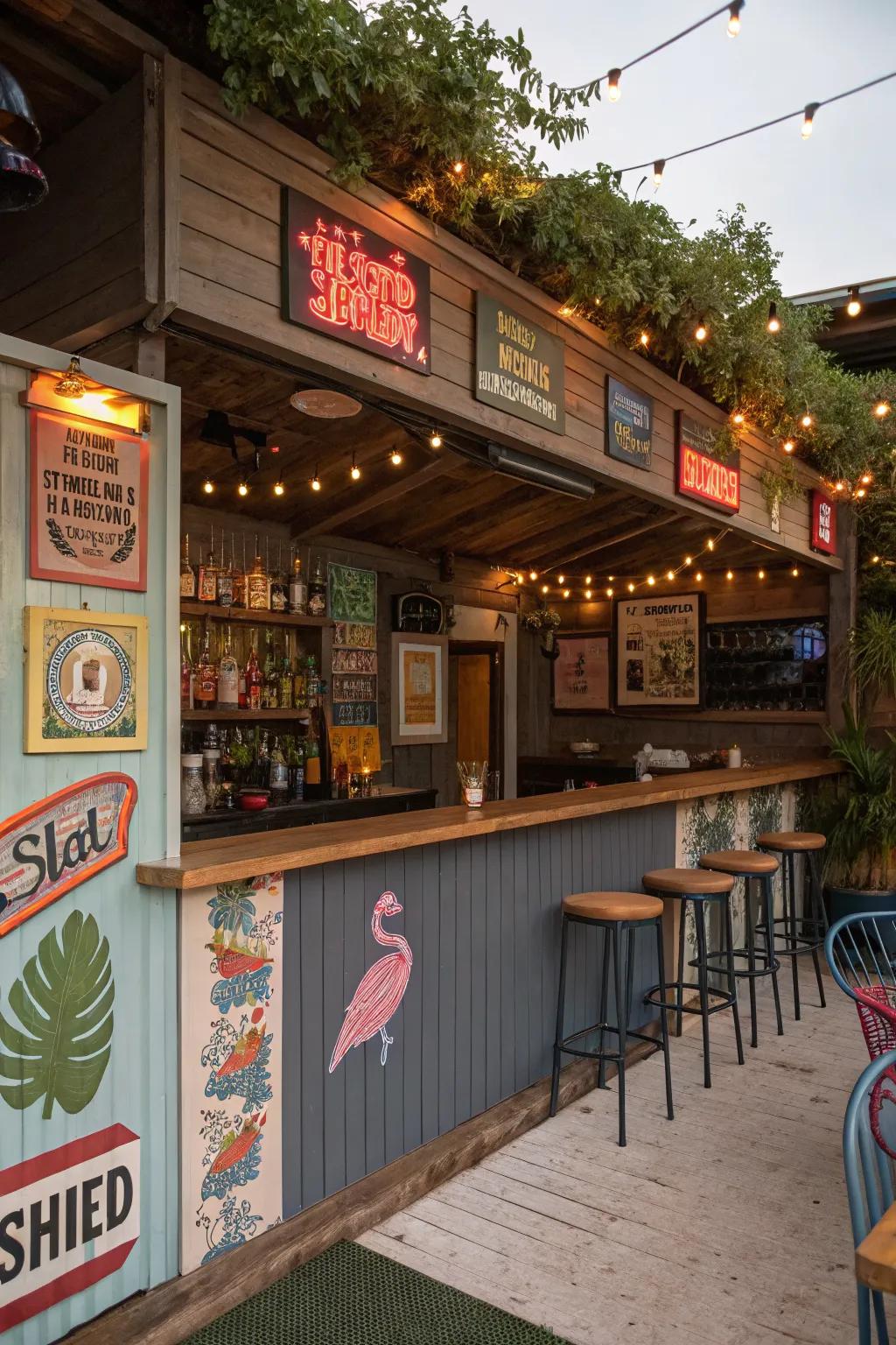 A whimsical shed bar adds a touch of playfulness to your backyard.
