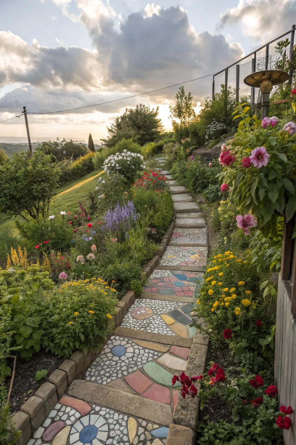 Mosaic pathways add artistic flair to slopes.