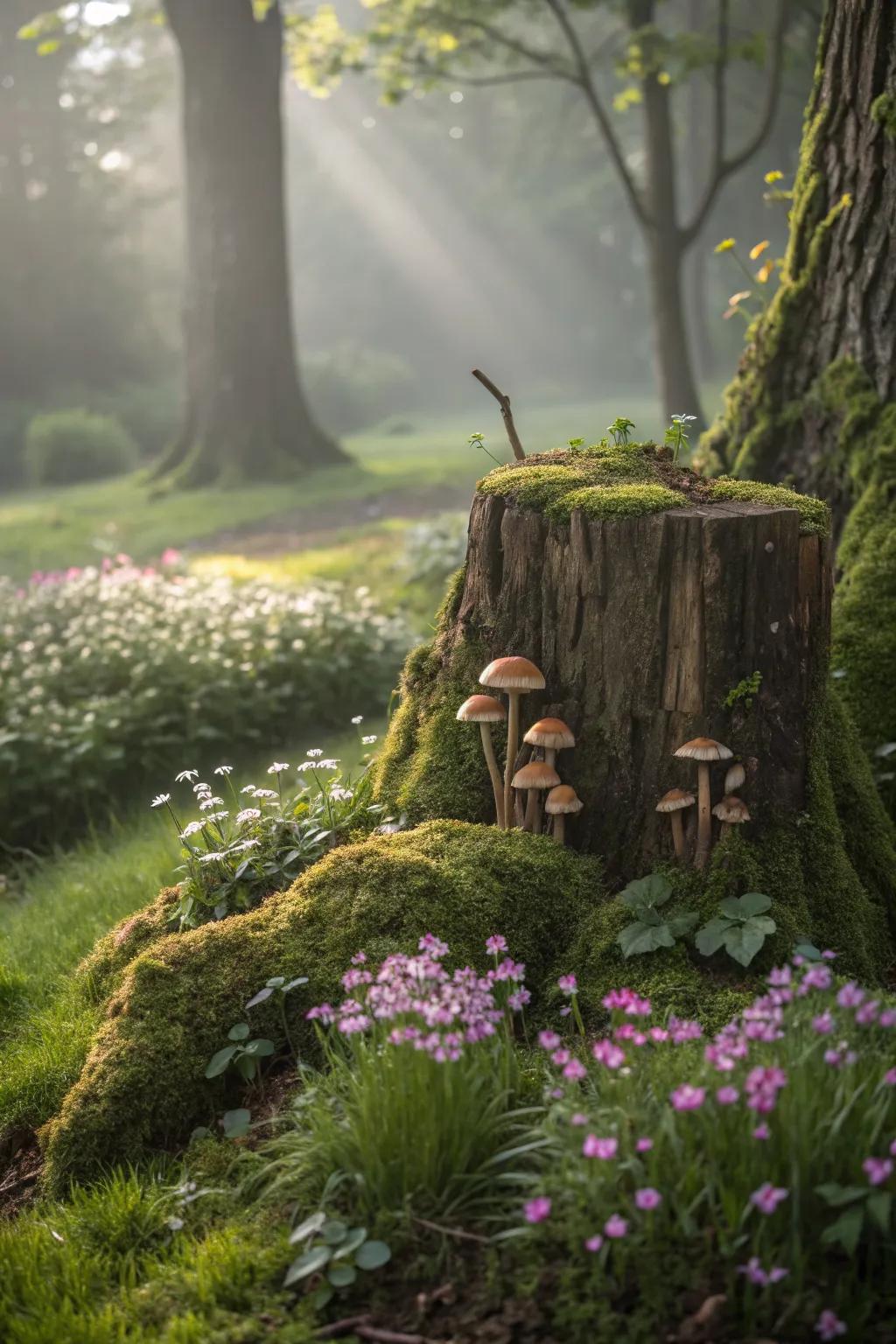 A natural mushroom garden on a small tree stump.