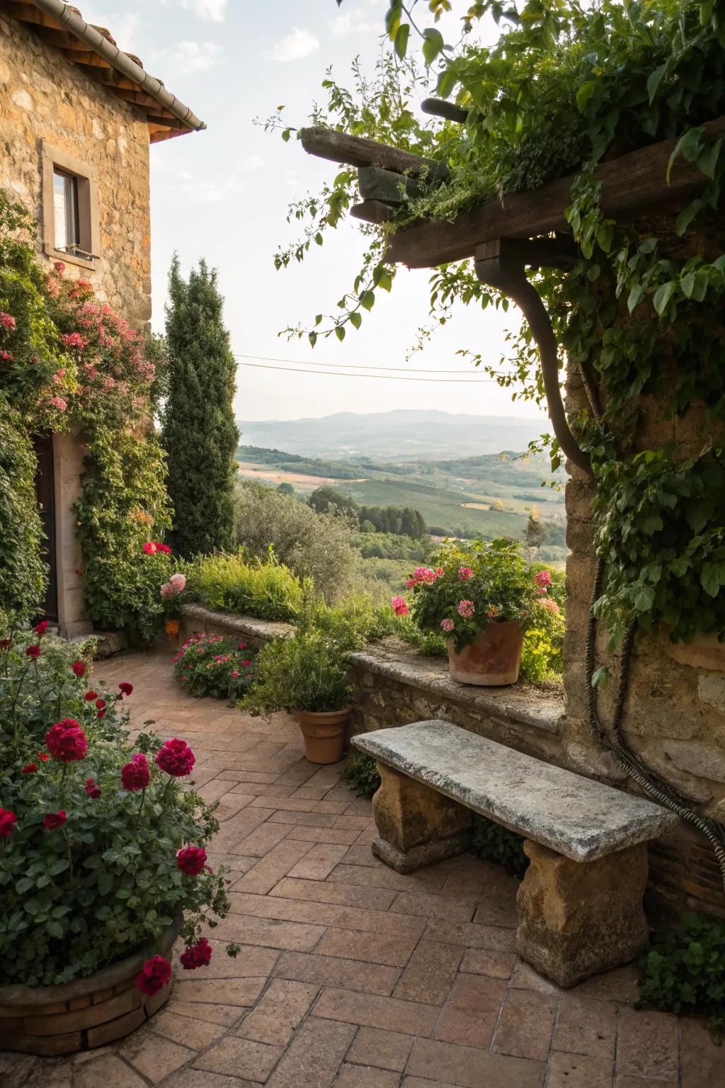 A secret corner offers a tranquil escape on this Tuscan patio.