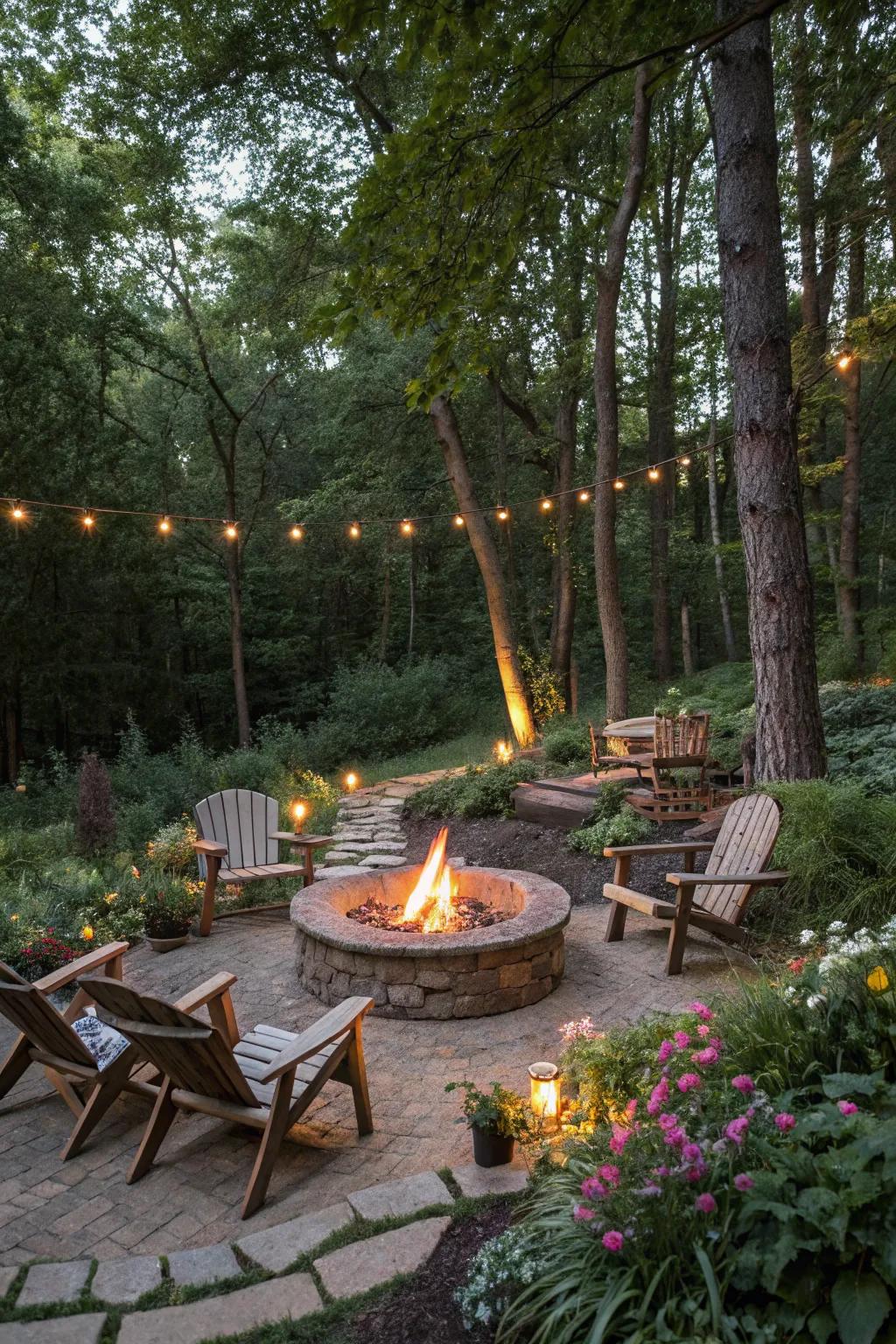 A cozy fire pit area becomes the social hub of the garden.