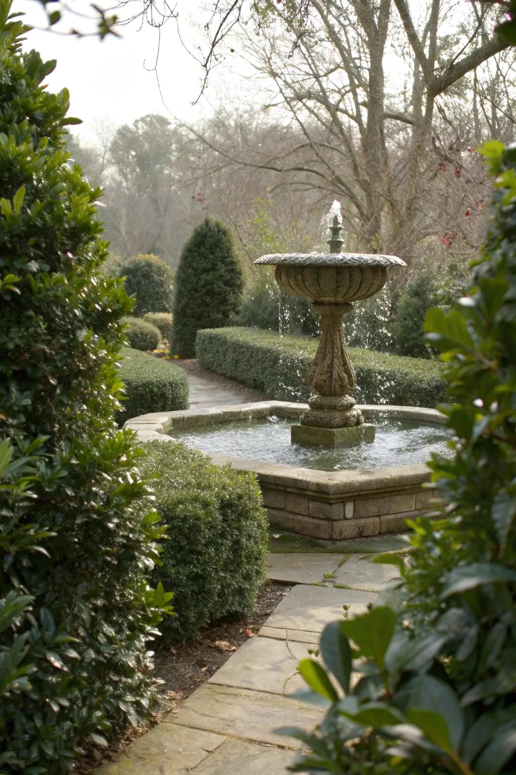 Create a serene focal point with a water feature and Soft Touch Holly.