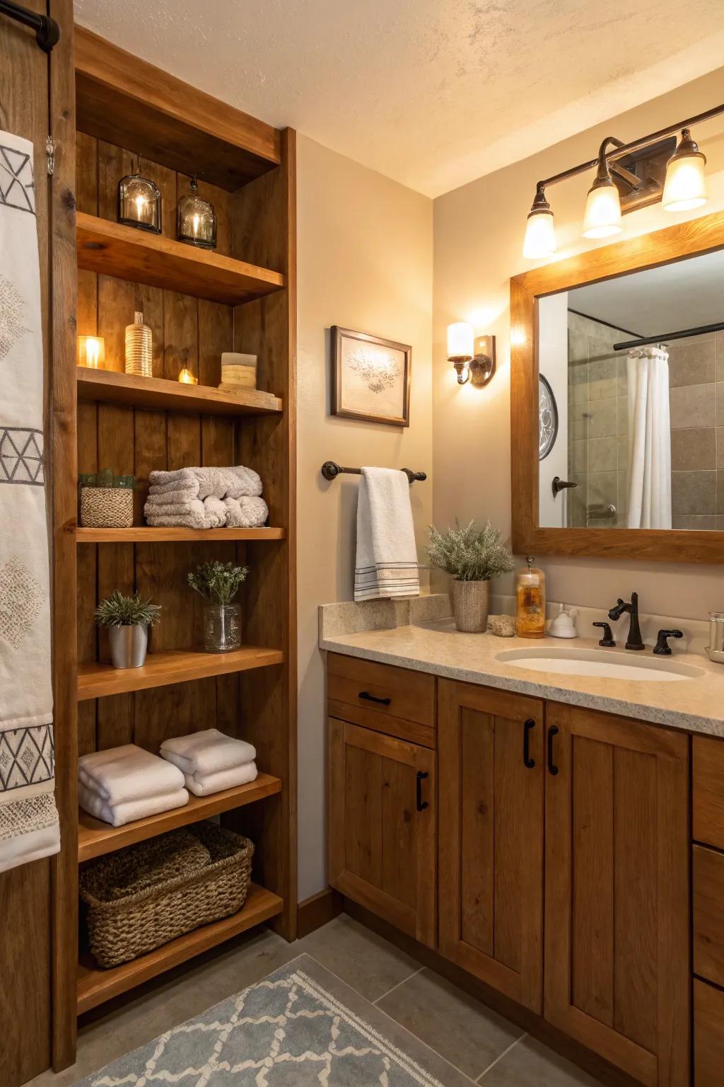Warm wood accents provide a cozy and inviting atmosphere in your spa bathroom.